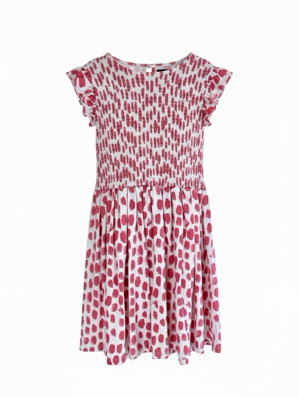 Girls Duffield Lane “Brushstroke Pink Dot” Ruffle Sleeve Smocked Dress, Size 10